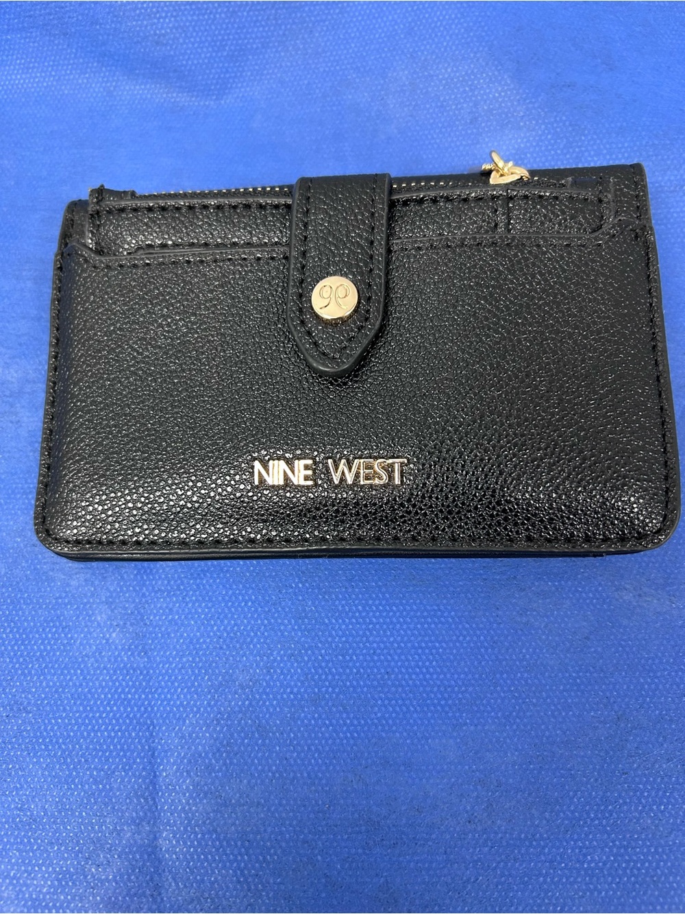 Nine West Black Pebbled Faux Leather Snap & Zip Wallet with Gold Logo